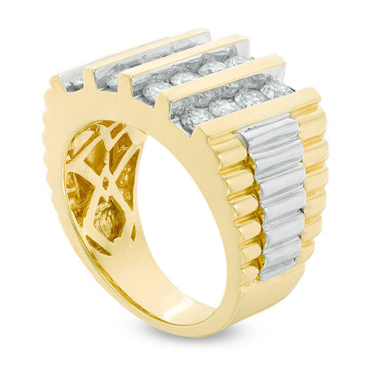 Men's 2.0 CT. T.W. Natural Diamond Vertical Four Row Stepped Shank Ring in Solid 14K Two-Tone Gold