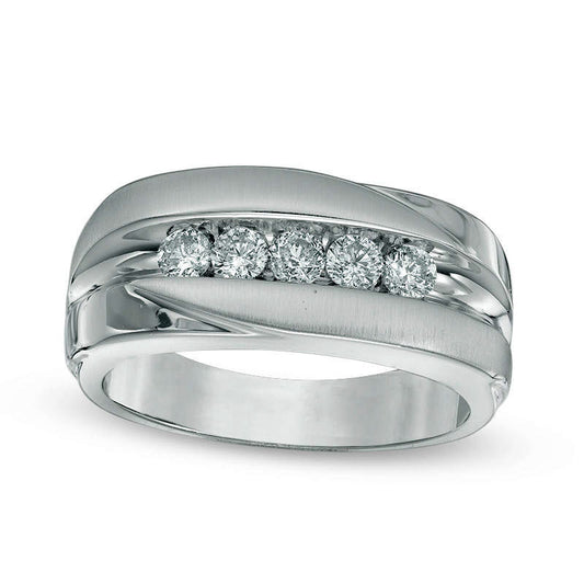 Men's 0.50 CT. T.W. Natural Diamond Five Stone Satin Wedding Band in Solid 14K White Gold