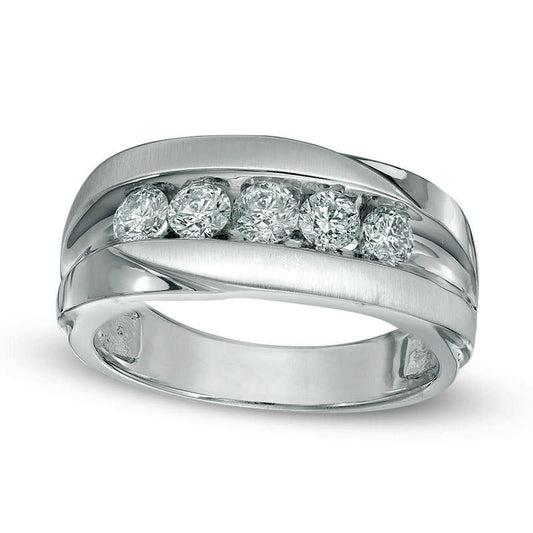 Men's 1.0 CT. T.W. Natural Diamond Five Stone Satin Wedding Band in Solid 14K White Gold