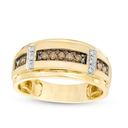 Men's 0.33 CT. T.W. Champagne and White Natural Diamond Satin Wedding Band in Solid 10K Yellow Gold