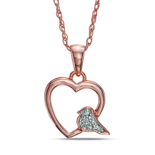 Natural Diamond Accent Heart with Bird Pendant in Sterling Silver and 10K Rose Gold Plate