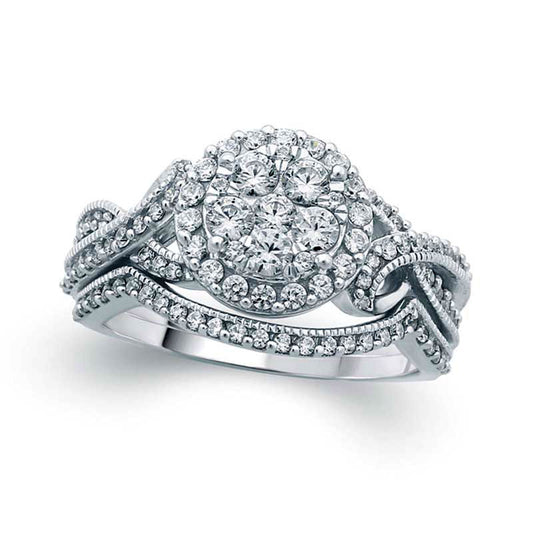 1.0 CT. T.W. Composite Natural Diamond Frame Twist Bridal Engagement Ring Set in Solid 10K White Gold