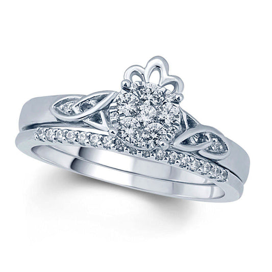 0.33 CT. T.W. Natural Diamond Flower Cluster Celtic Trinity Knot and Crown Bridal Engagement Ring Set in Solid 10K White Gold