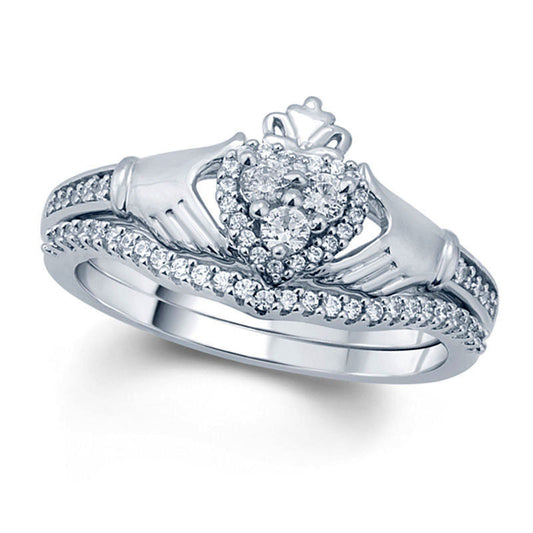 0.33 CT. T.W. Natural Diamond Claddagh Bridal Engagement Ring Set in Solid 10K White Gold