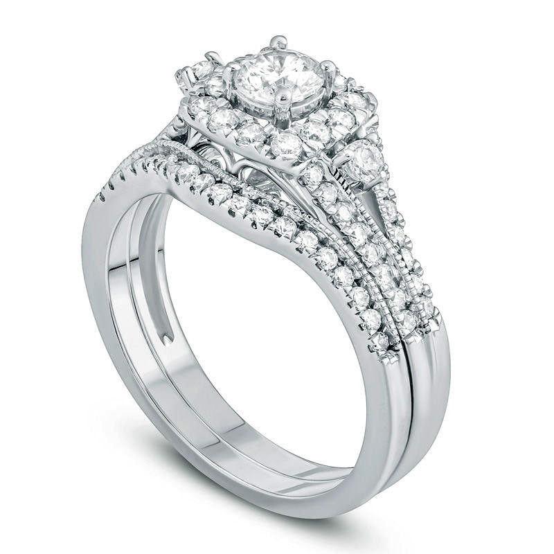 1.0 CT. T.W. Natural Diamond Cushion Frame Antique Vintage-Style Bridal Engagement Ring Set in Solid 10K White Gold