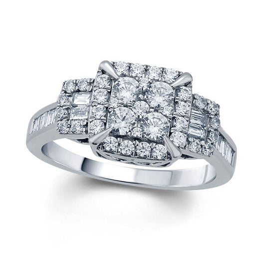 1.0 CT. T.W. Baguette and Round Composite Natural Diamond Square Frame Engagement Ring in Solid 10K White Gold