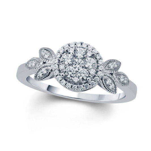0.33 CT. T.W. Composite Natural Diamond Frame Petal Tri-Sides Antique Vintage-Style Engagement Ring in Solid 10K White Gold
