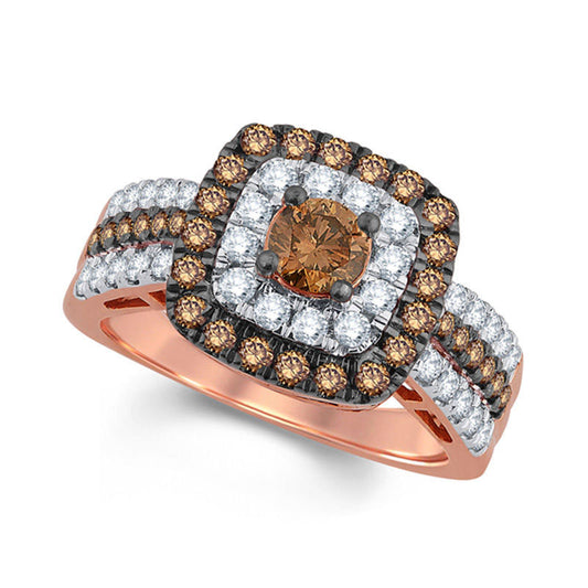 1.5 CT. T.W. Champagne and White Natural Diamond Cushion Frame Engagement Ring in Solid 10K Rose Gold