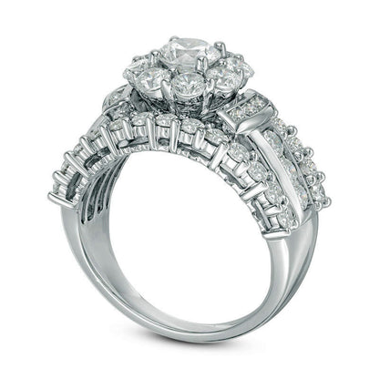 3.0 CT. T.W. Natural Diamond Flower Collar Multi-Row Ring in Solid 10K White Gold