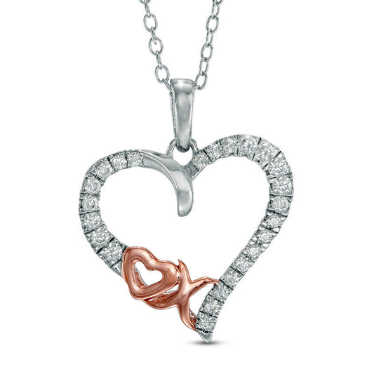 0.33 CT. T.W. Natural Diamond "XO" Heart Pendant in Sterling Silver with 14K Rose Gold Plate
