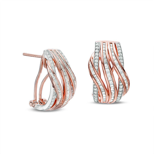 1 CT. T.W. Baguette and Round Diamond Multi-Row Wave Drop Earrings in 10K Two-Tone Gold