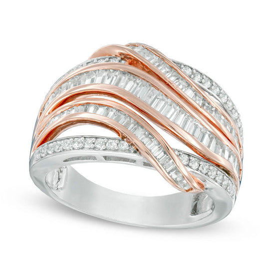 1.0 CT. T.W. Baguette and Round Natural Diamond Crossover Multi-Row Ring in Solid 14K Rose Gold