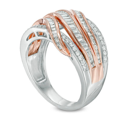 1.0 CT. T.W. Baguette and Round Natural Diamond Crossover Multi-Row Ring in Solid 14K Rose Gold