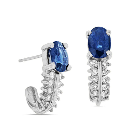 Oval Blue Sapphire and 0.38 CT. T.W. Diamond Double Row J-Hoop Earrings in 14K White Gold