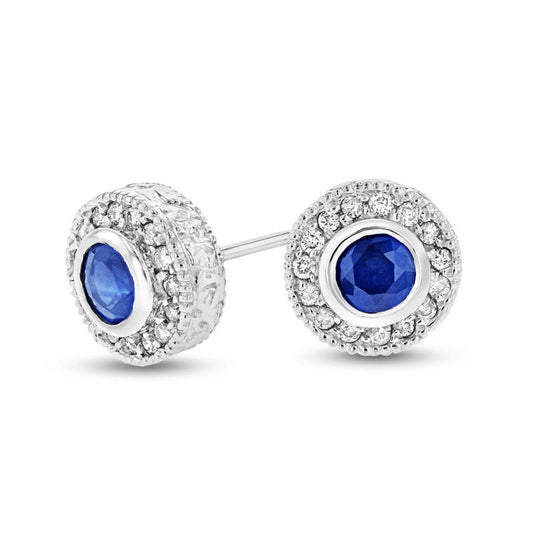 Blue Sapphire and 0.2 CT. T.W. Diamond Frame Vintage-Style Circle Stud Earrings in 14K White Gold