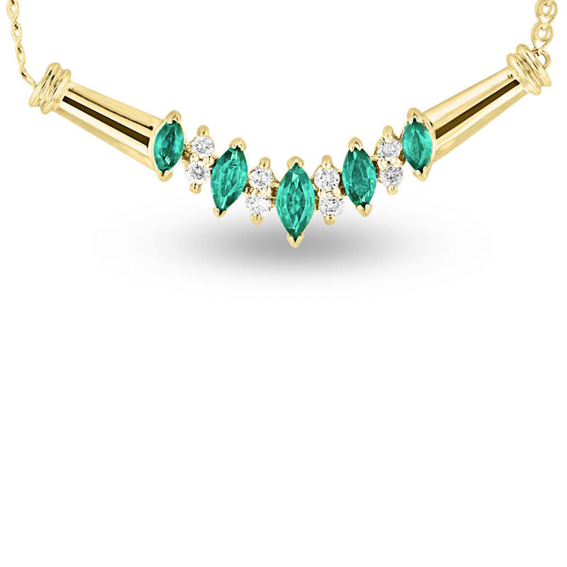 Marquise Emerald and 0.17 CT. T.W. Natural Diamond Five Stone Necklace in 14K Gold - 16"