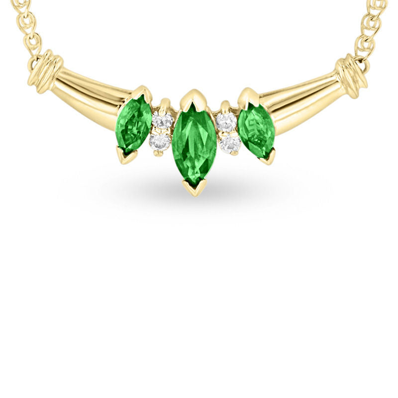 Marquise Emerald and Natural Diamond Accent Three Stone Necklace in 14K Gold - 16"
