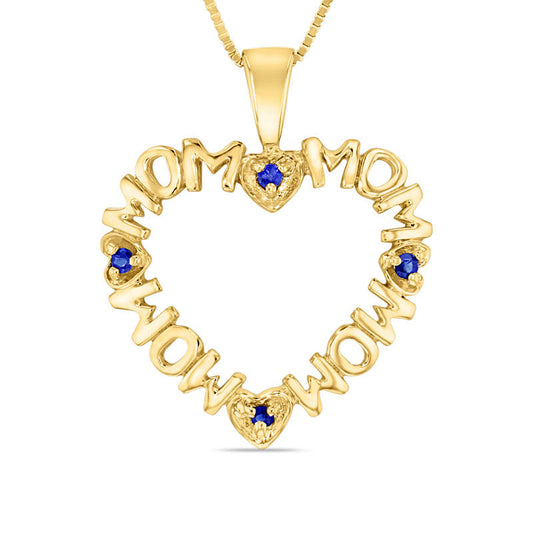Blue Sapphire Repeating "MOM" Heart Pendant in 14K Gold