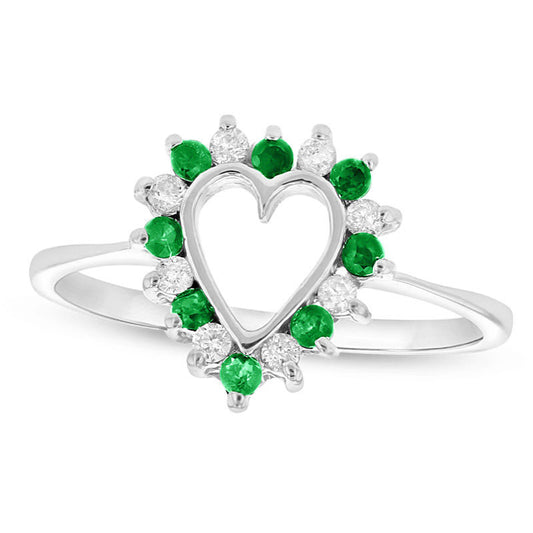 Emerald and 0.17 CT. T.W. Natural Diamond Heart Outline Ring in Solid 14K White Gold