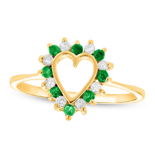 Emerald and 0.17 CT. T.W. Natural Diamond Heart Outline Ring in Solid 14K Gold