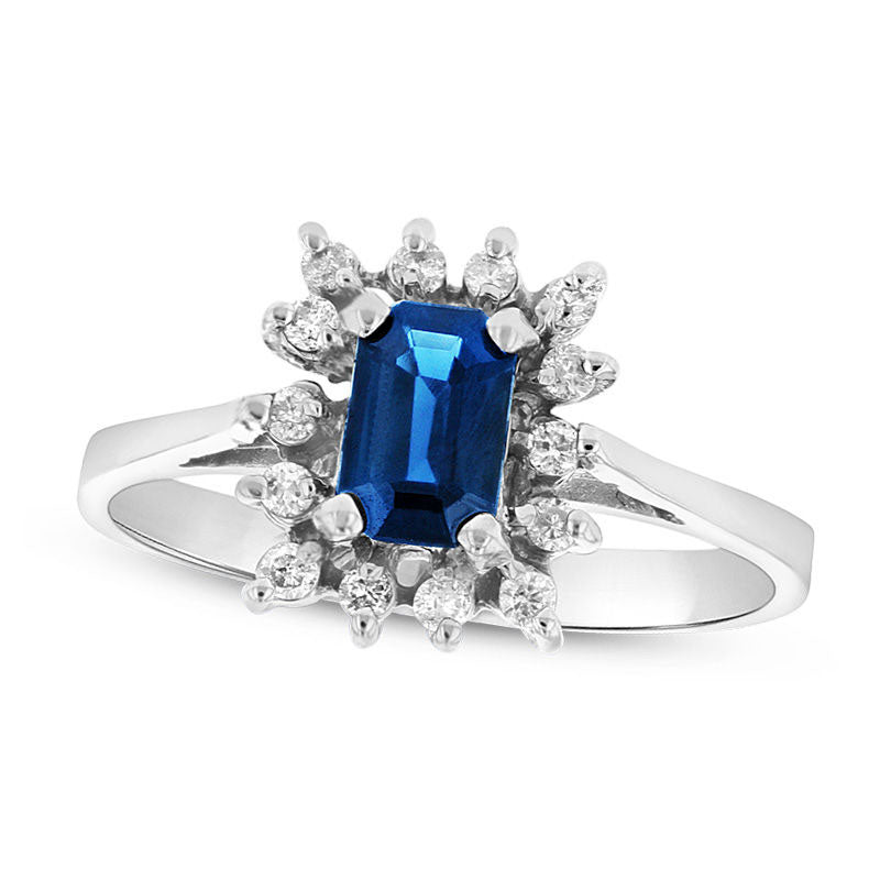 Emerald-Cut Blue Sapphire and 0.13 CT. T.W. Natural Diamond Starburst Frame Ring in Solid 14K White Gold