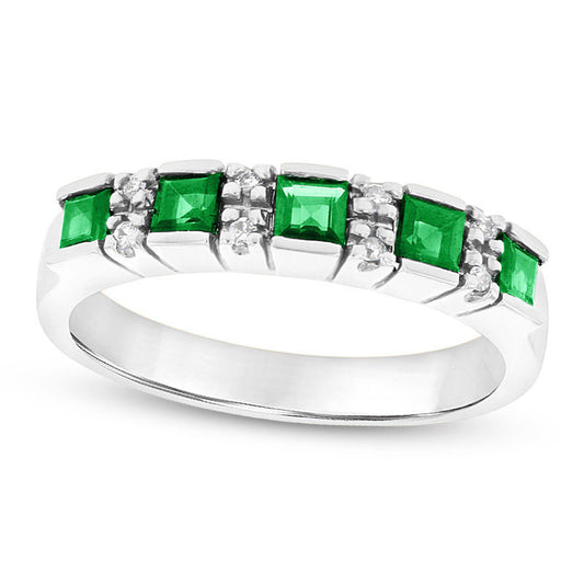 Princess-Cut Emerald and Natural Diamond Accent Five Stone Ring in Solid 14K White Gold
