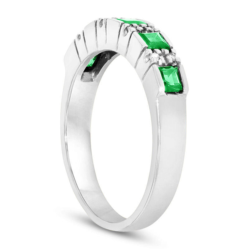 Princess-Cut Emerald and Natural Diamond Accent Five Stone Ring in Solid 14K White Gold