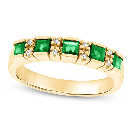 Princess-Cut Emerald and Natural Diamond Accent Five Stone Ring in Solid 14K Gold