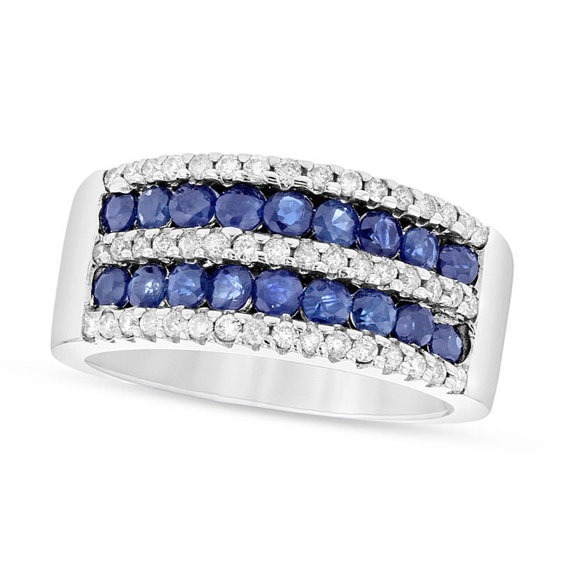 Blue Sapphire and 0.38 CT. T.W. Natural Diamond Multi-Row Band in Solid 14K White Gold