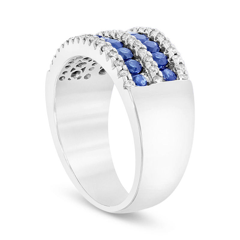 Blue Sapphire and 0.38 CT. T.W. Natural Diamond Multi-Row Band in Solid 14K White Gold