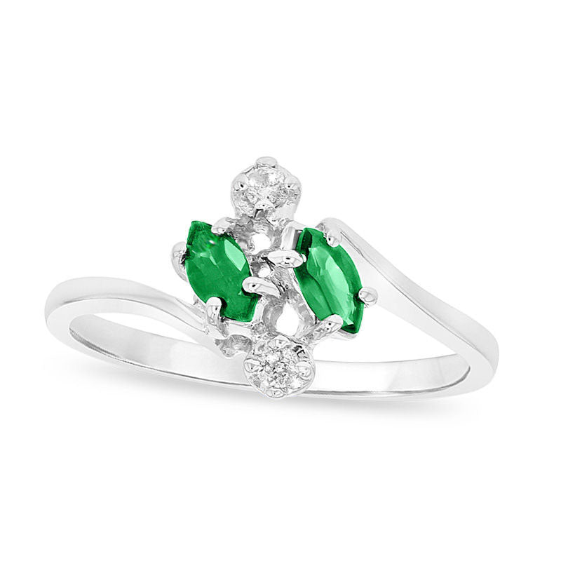 Marquise Emerald and Natural Diamond Accent Bypass Ring in Solid 14K White Gold