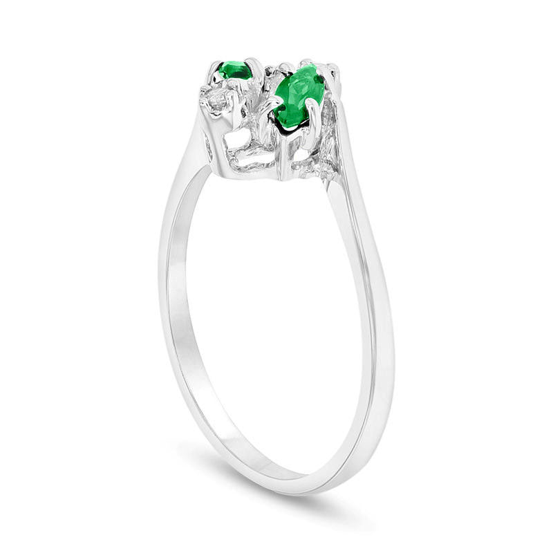 Marquise Emerald and Natural Diamond Accent Bypass Ring in Solid 14K White Gold