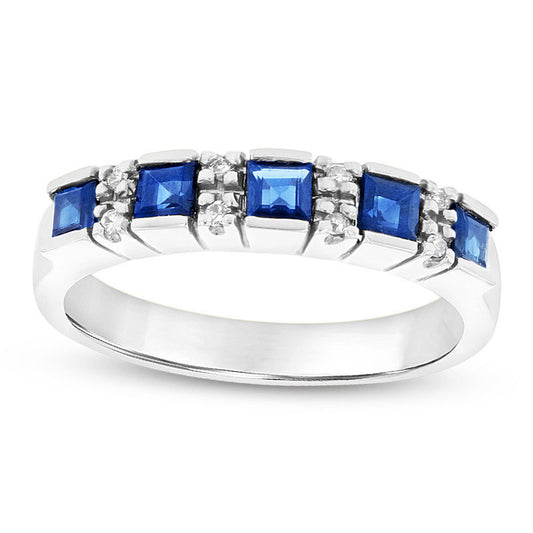 Princess-Cut Blue Sapphire and Natural Diamond Accent Five Stone Ring in Solid 14K White Gold