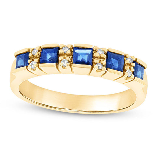 Princess-Cut Blue Sapphire and Natural Diamond Accent Five Stone Ring in Solid 14K Gold