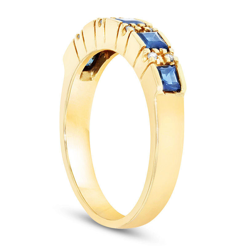 Princess-Cut Blue Sapphire and Natural Diamond Accent Five Stone Ring in Solid 14K Gold