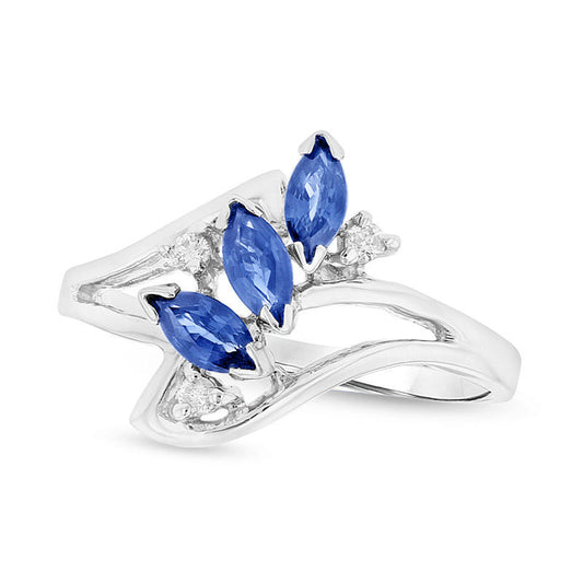 Marquise Blue Sapphire and Natural Diamond Accent Three Stone Bypass Ring in Solid 14K White Gold