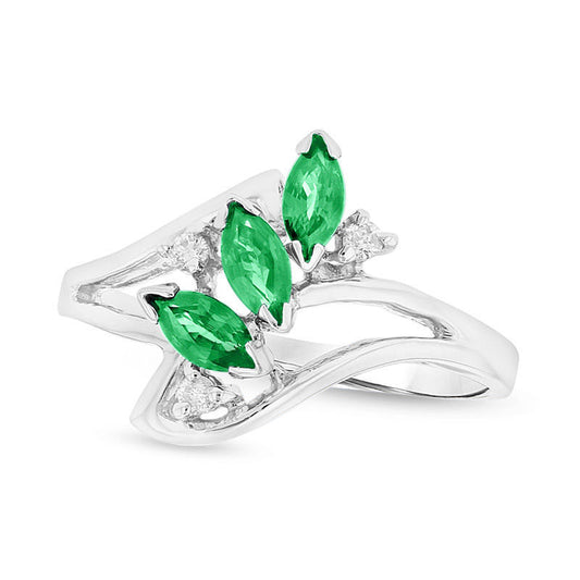 Marquise Emerald and Natural Diamond Accent Three Stone Bypass Ring in Solid 14K White Gold