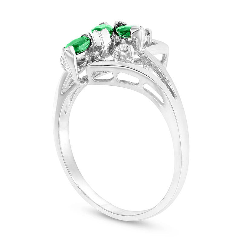 Marquise Emerald and Natural Diamond Accent Three Stone Bypass Ring in Solid 14K White Gold