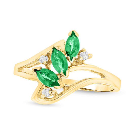 Marquise Emerald and Natural Diamond Accent Three Stone Bypass Ring in Solid 14K Gold