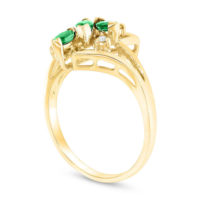 Marquise Emerald and Natural Diamond Accent Three Stone Bypass Ring in Solid 14K Gold