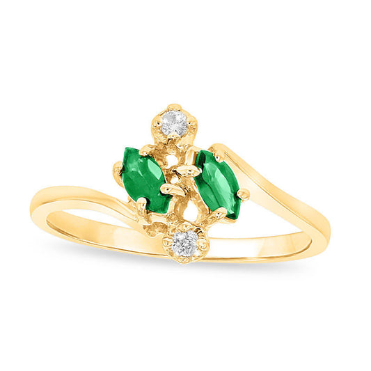 Marquise Emerald and Natural Diamond Accent Bypass Ring in Solid 14K Gold