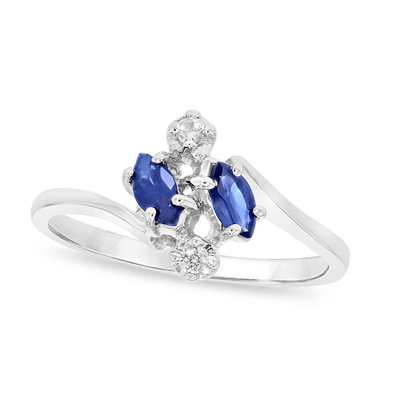 Marquise Blue Sapphire and Natural Diamond Accent Bypass Ring in Solid 14K White Gold