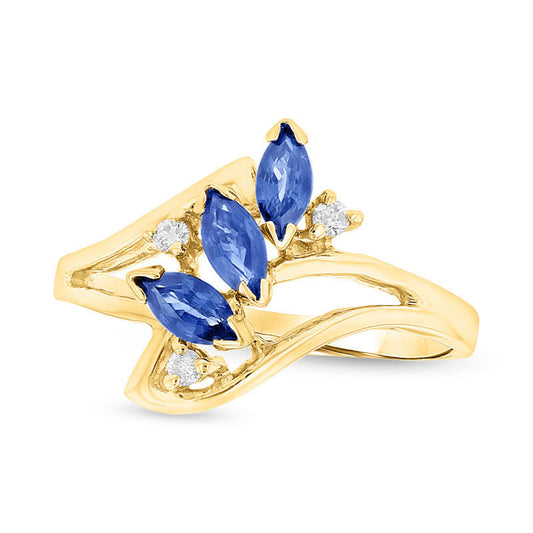 Marquise Blue Sapphire and Natural Diamond Accent Three Stone Bypass Ring in Solid 14K Gold