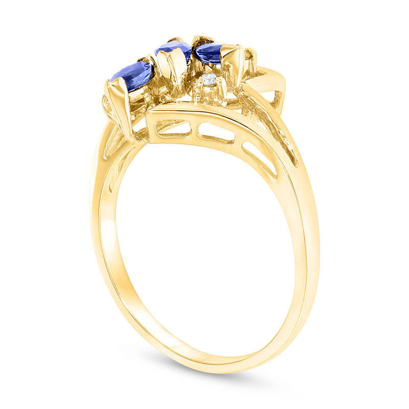 Marquise Blue Sapphire and Natural Diamond Accent Three Stone Bypass Ring in Solid 14K Gold