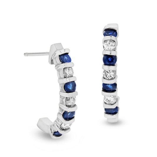 Blue Sapphire and 0.33 CT. T.W. Diamond J-Hoop Earrings in 14K White Gold