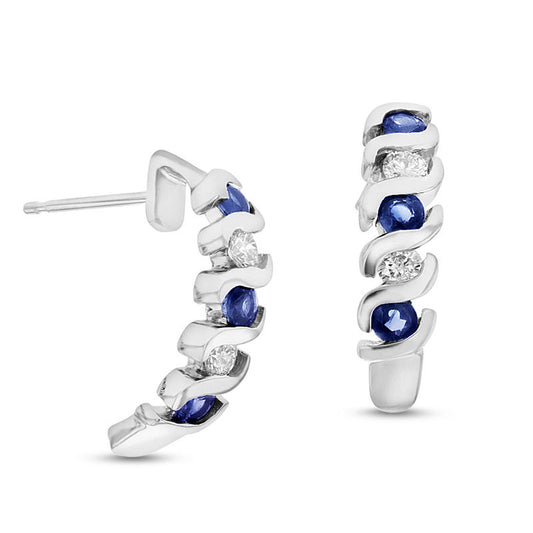 Blue Sapphire and 0.25 CT. T.W. Diamond Curved Drop Earrings in 14K White Gold