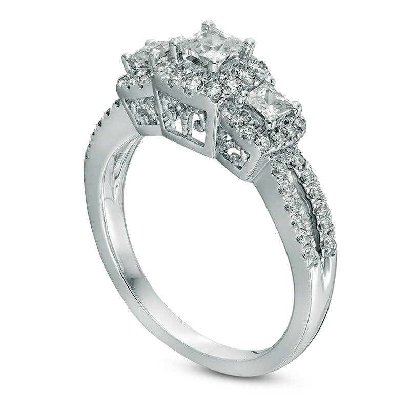 1.0 CT. T.W. Princess-Cut Natural Diamond Frame Three Stone Antique Vintage-Style Engagement Ring in Solid 14K White Gold