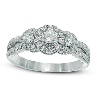 0.75 CT. T.W. Natural Diamond Frame Three Stone Antique Vintage-Style Engagement Ring in Solid 14K White Gold