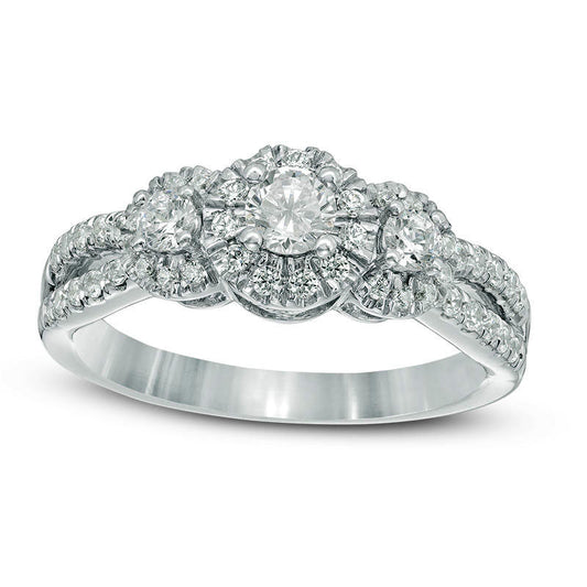 0.75 CT. T.W. Natural Diamond Frame Three Stone Antique Vintage-Style Engagement Ring in Solid 14K White Gold