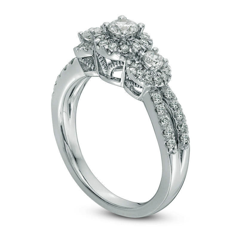 0.75 CT. T.W. Natural Diamond Frame Three Stone Antique Vintage-Style Engagement Ring in Solid 14K White Gold